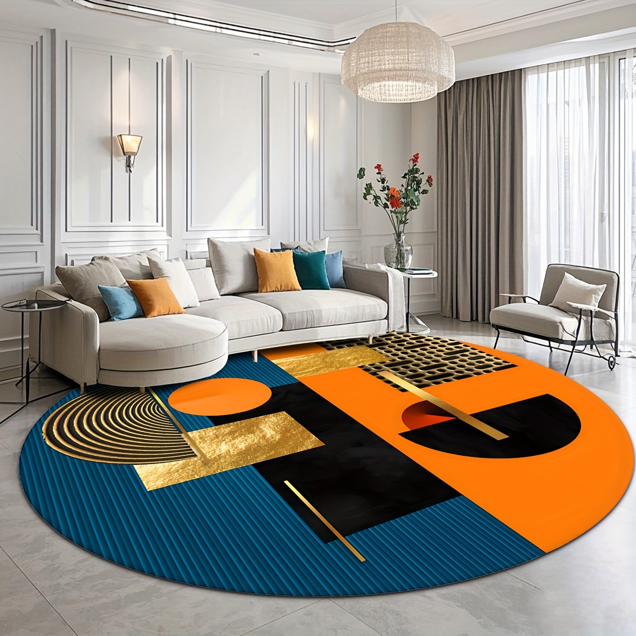 Printed Rug Abstract - Pomarańczowy Niebieski Złoty Abstrakcyjny Geometryczny Luksusowy