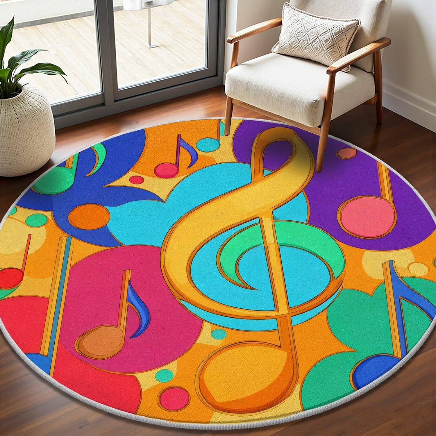 Printed Rug Abstract - Kolorowy abstrakcyjny wzór nut muzycznych, okrągły